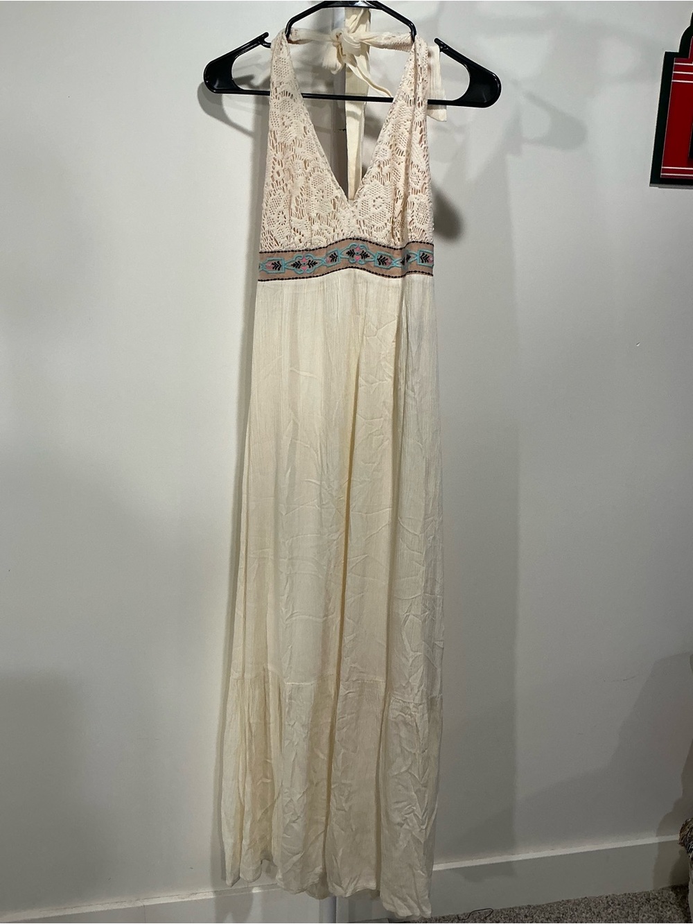 Ivory Lace Halter Maxi Dress with Embroidered Waist